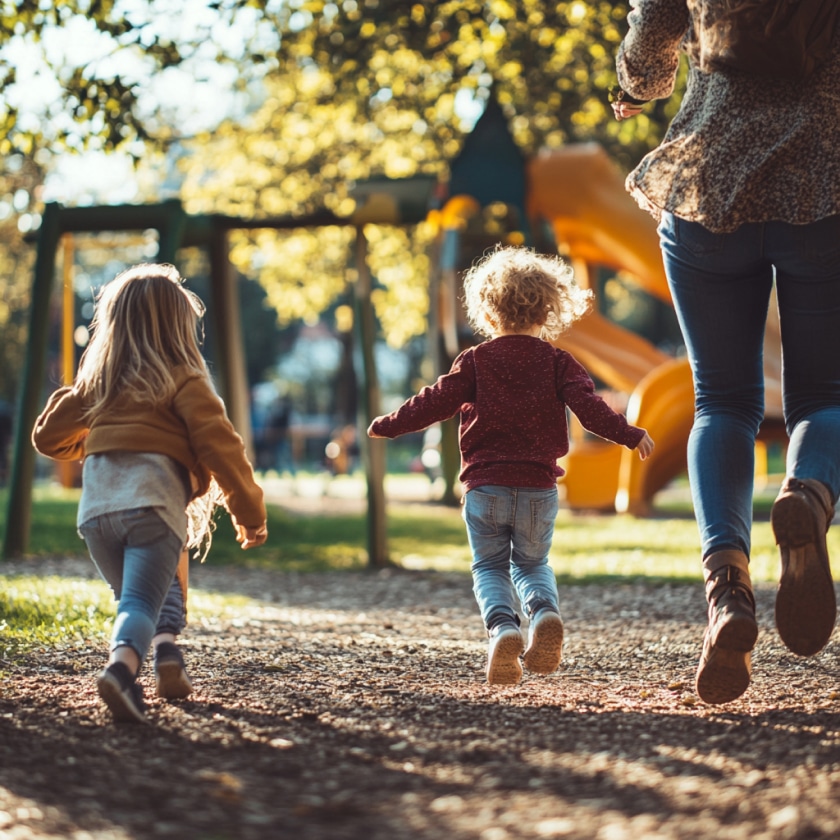 Three children running towards a playground with swings and slides, accompanied by a person. Sunlit trees frame the lively, outdoor scene.