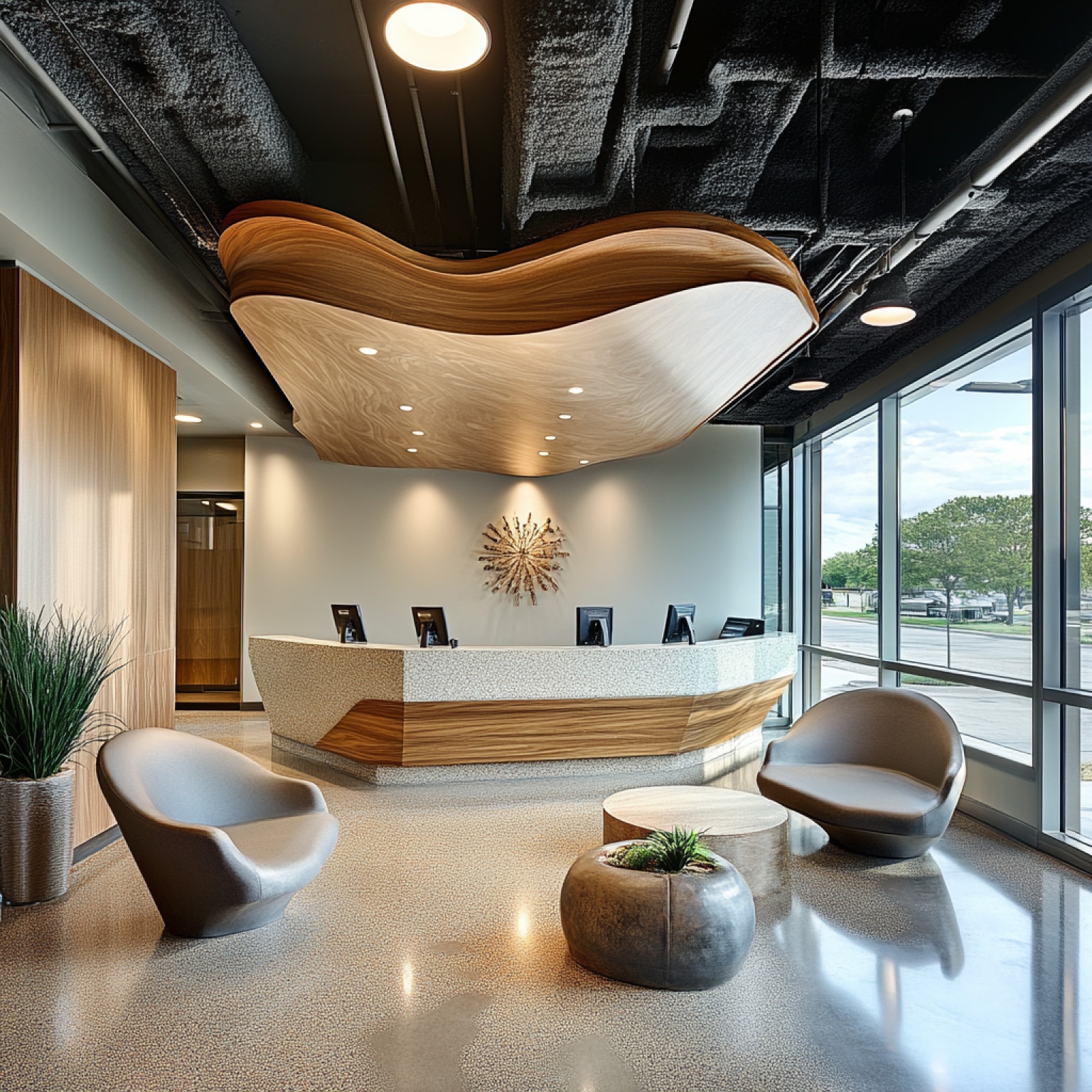 Modern reception area with sleek furniture, a curved wooden ceiling feature, and large windows. Minimalist design, bright lighting, and decorative plants enhance ambiance.