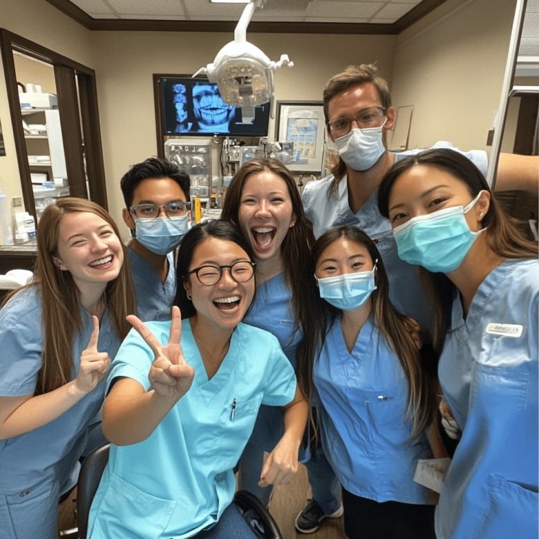 Seven people in scrubs and masks smiling in a dental office, with equipment and X-rays visible in the background.