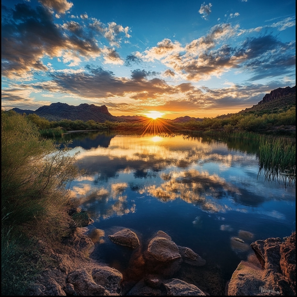 A serene lake reflects a vibrant sunset, surrounded by hills and lush vegetation, under a sky dotted with clouds.