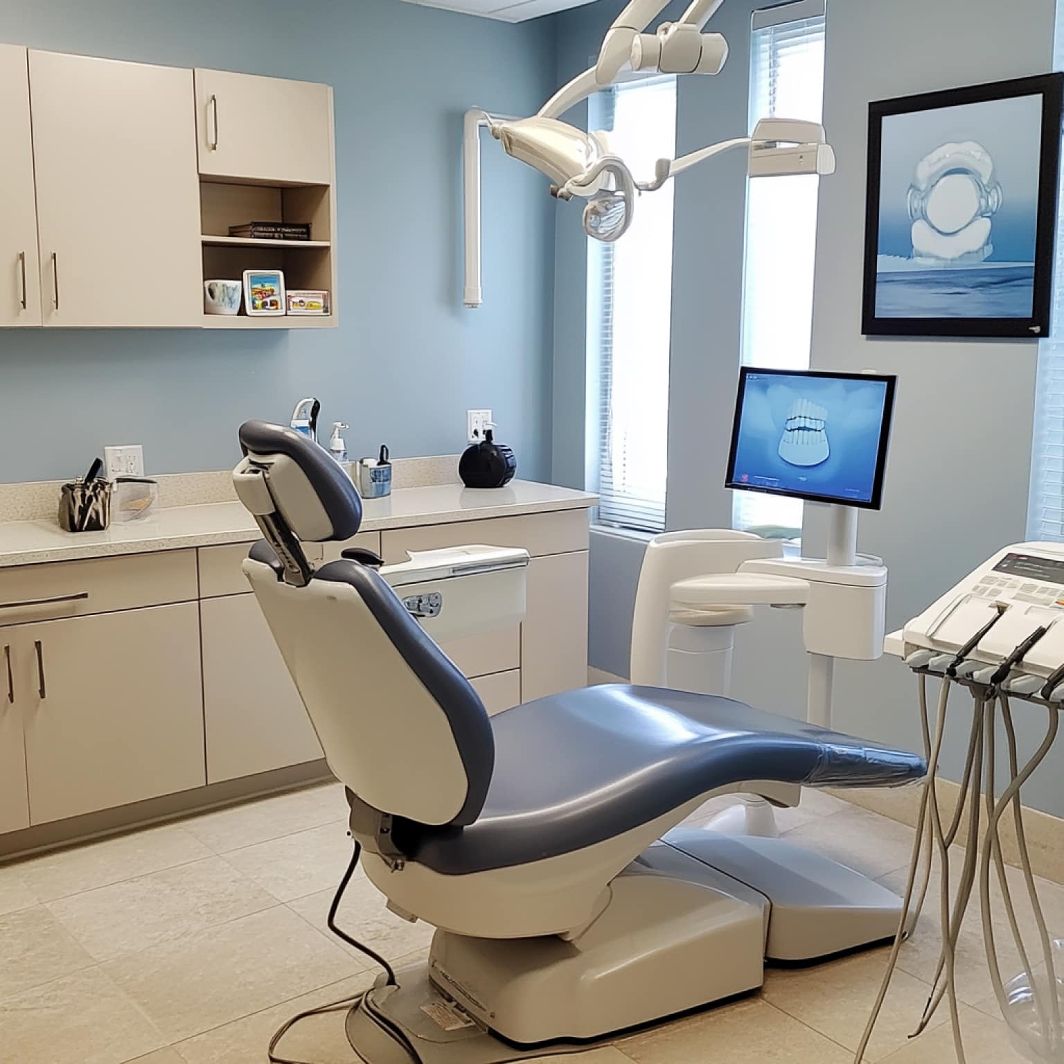 A modern dental office with a comfortable chair, overhead light, and computer display in a clean, organized setting with blue walls and decor.